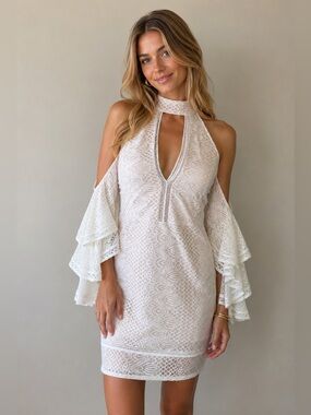 BLITHE White Lace Cold Shoulder Plunge Dress L
